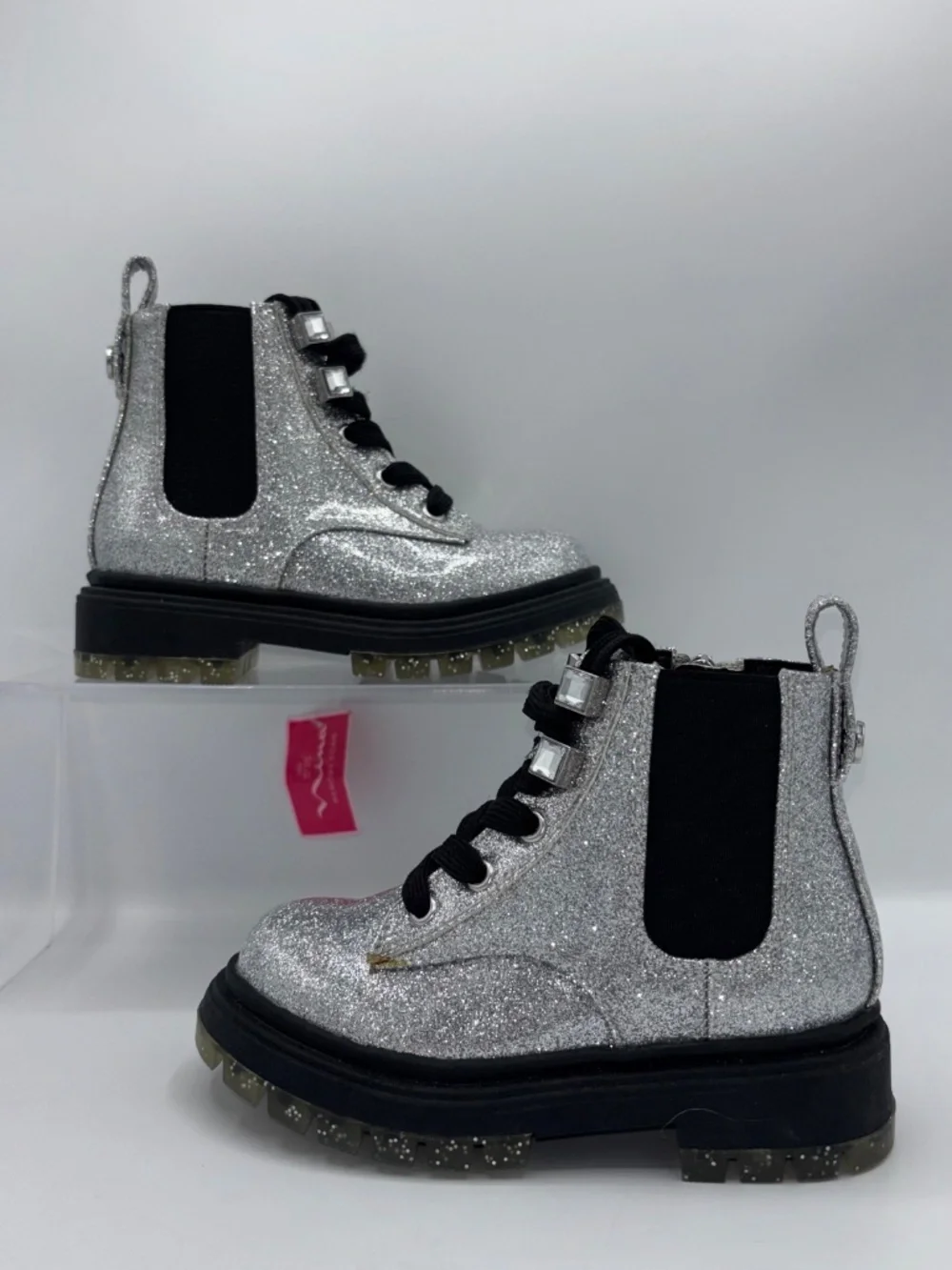 Nina Coelette Silver Grey Glitter Combat Lace-Up Boots Memory Foam Toddler 7